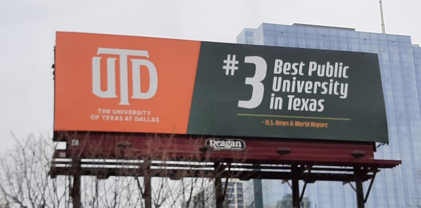 Billboard promoting UT Dallas, #3 best public university in Texas.