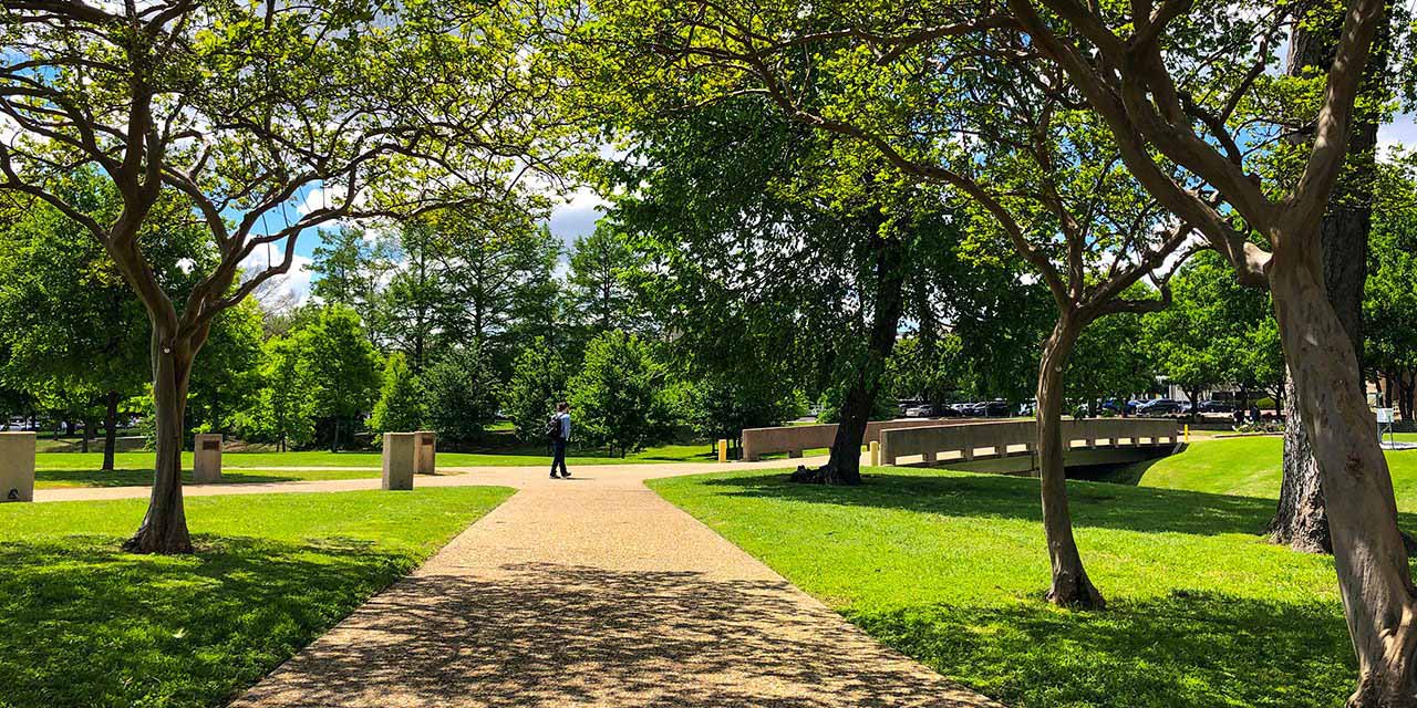 A person walking on the east side of campus near the creek.