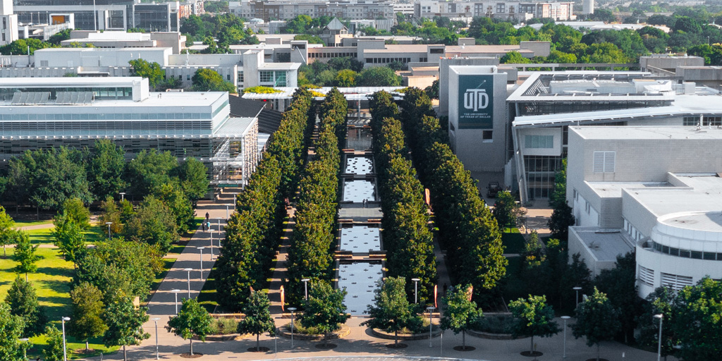 Aerial view of campus buildings and landscaping