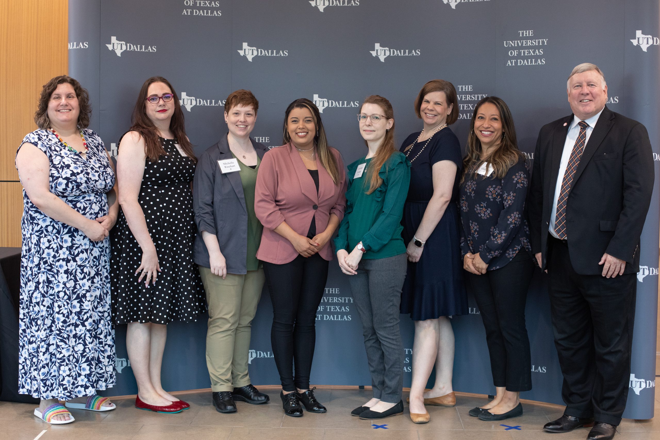 Staff Council President Jennifer Klunk (left) and UT Dallas President Richard C. Benson (far right) presented CARE Awards to the spring 2023 recipients (second from left) Lauren Kobee, Michelle Rinehart, Asiah Claiborne, Courtney Lozano, Wendi Kavanaugh and Pearl Gutierrez.