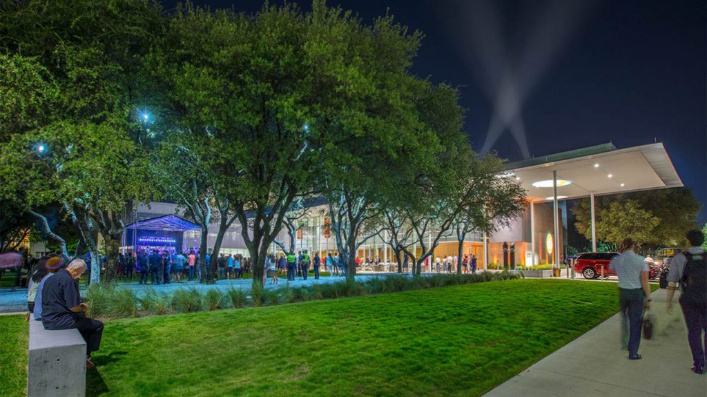 Exterior of Davidson-Gundy Alumni Center at night. 