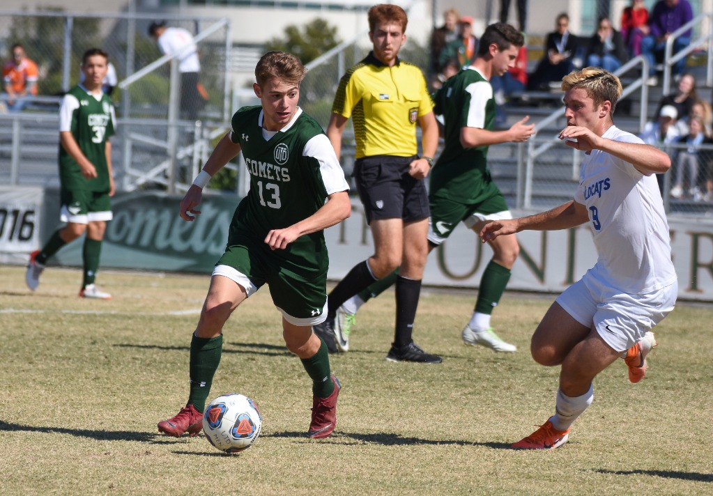 Soccer player evades a defender.