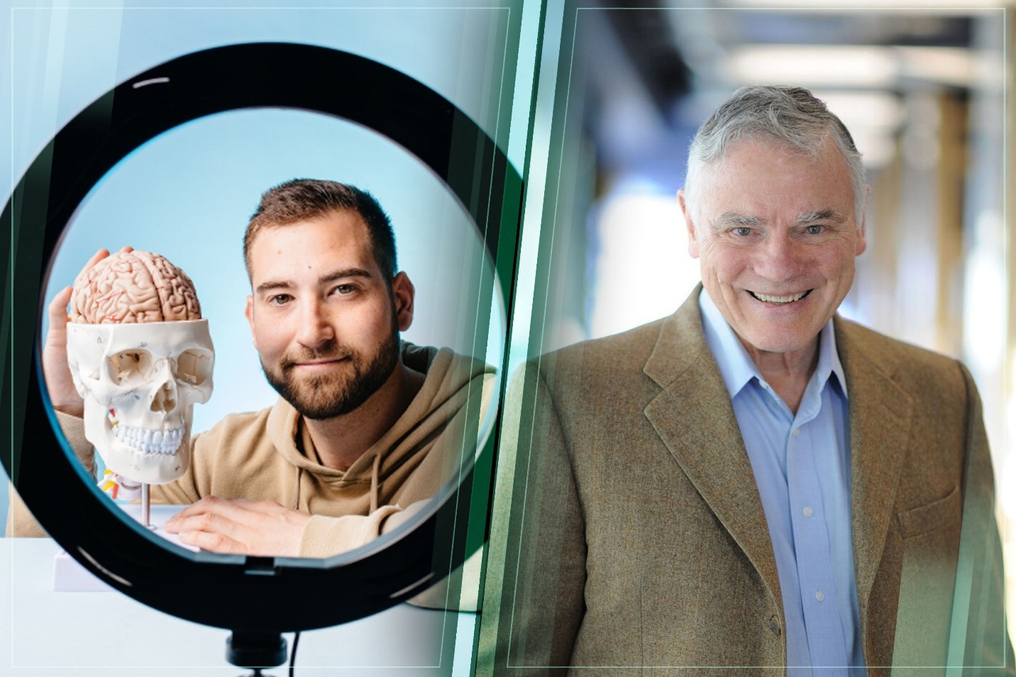 Dr. Ben Rein with a model of a skull and brain; Dr. Lee Hood.