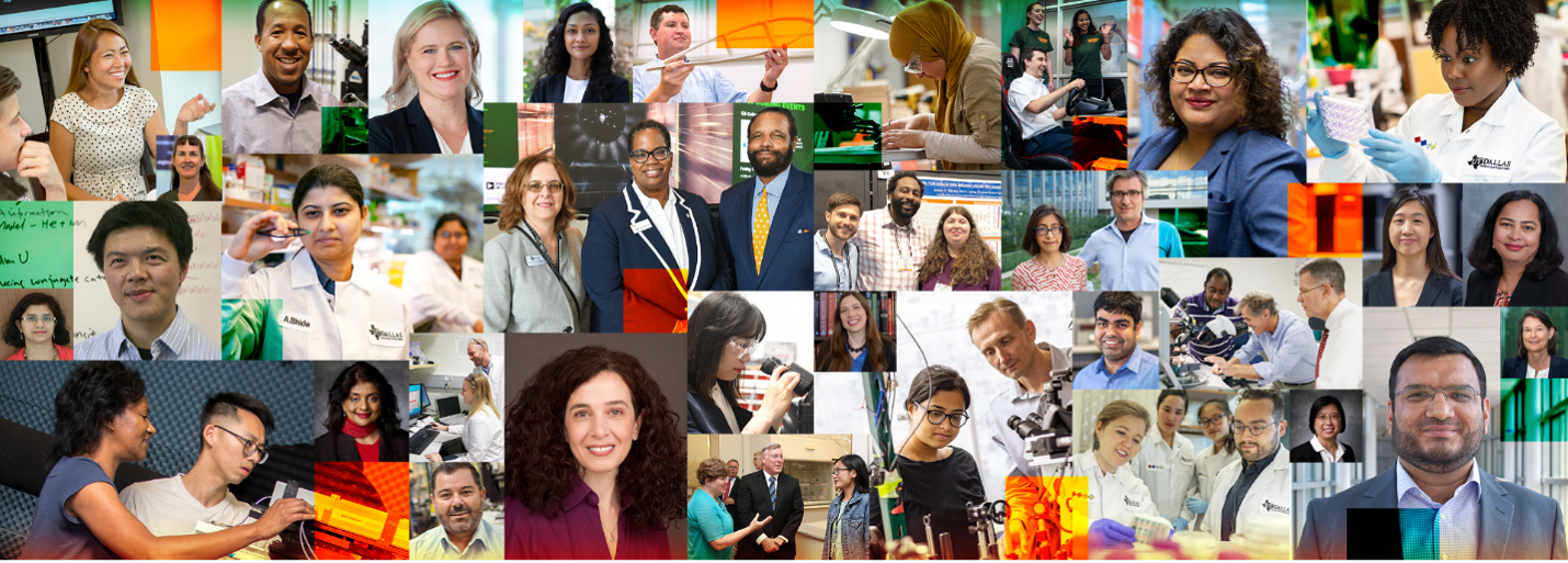 Collage of UT Dallas professors, researchers, administrators and students.